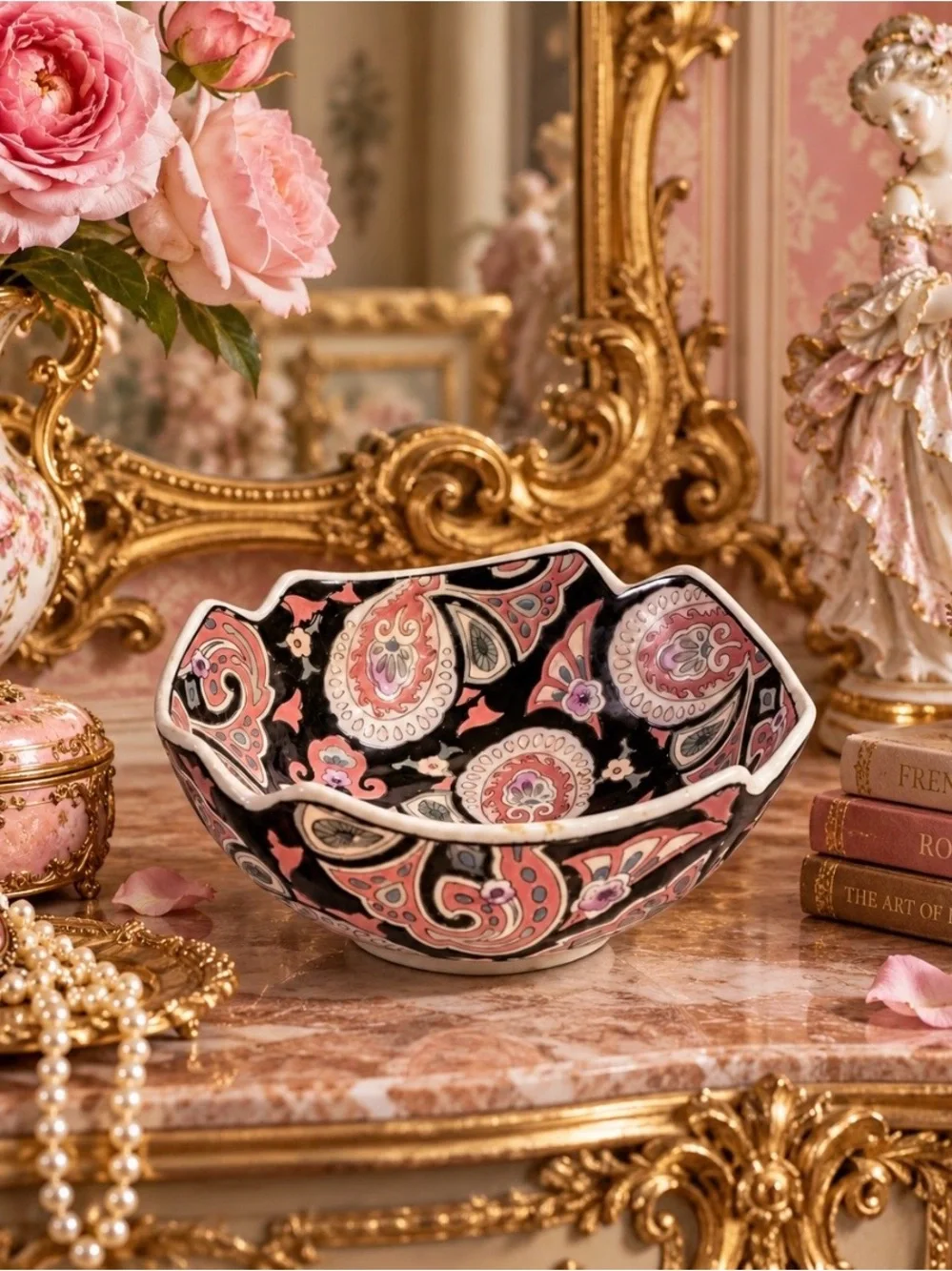 Vintage Famille Noire Style Black Pink Paisley Porcelain Bowl